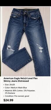 American Eagle Ne(x)t Level Flex Skinny Jeans Distressed Women’s 26x28 Medium